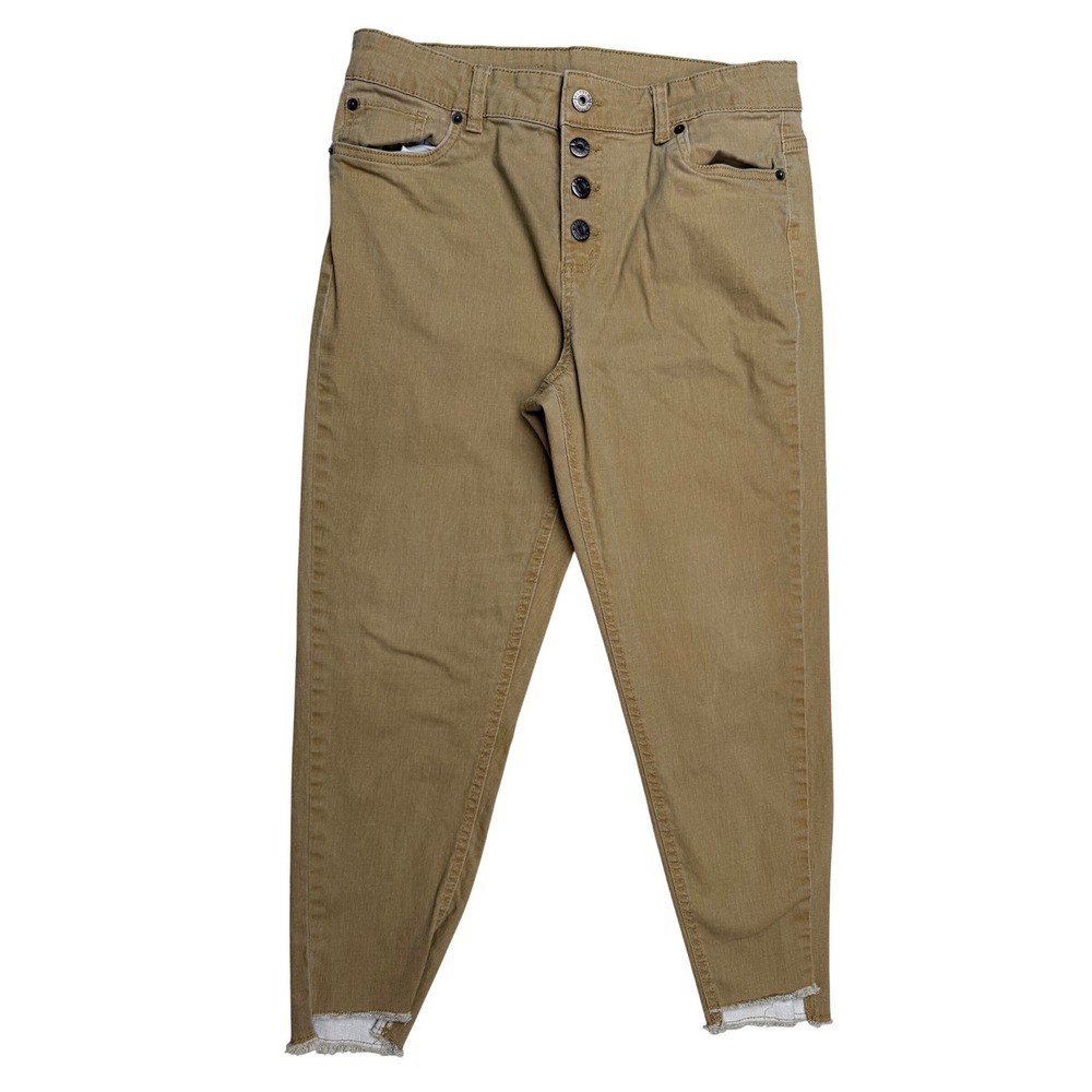 Jeaniologie Roxy Tan Skinny Jeans Button Fly Raw Step Hem Neutral Boho Size 12